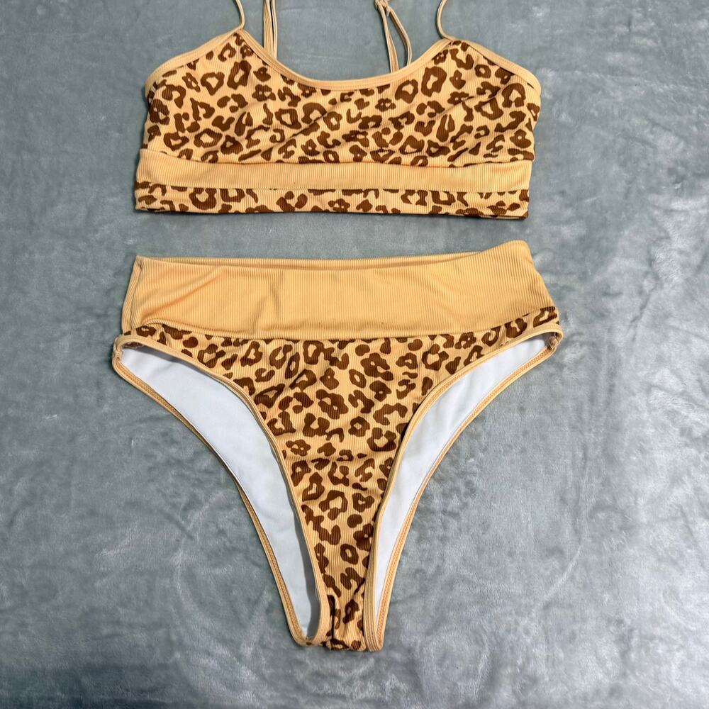 SHEIN Leopard Print Ribbed High Waisted Bikini Set Size Large - Picture 4 of 8